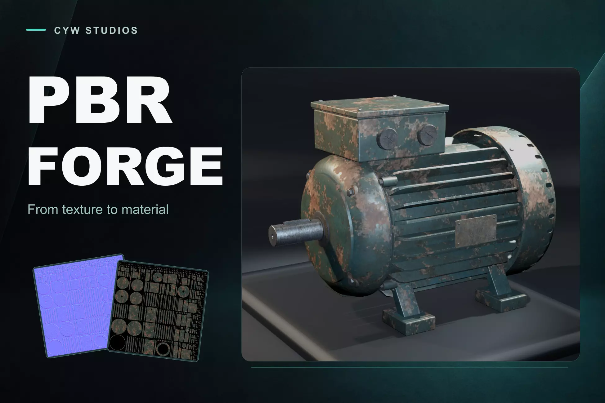CYW PBR Forge cover showing texture maps and a weathered motor material example.