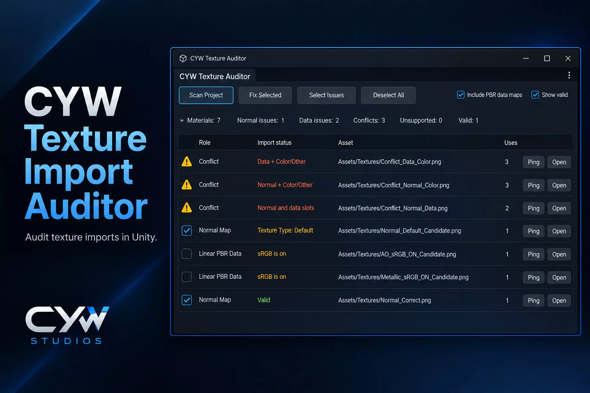 CYW Texture Import Auditor promotional cover with a summary of texture import checks.